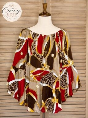 Boho Off Shoulder Bell Sleeve Leopard Chain Scarf Print Red Brown Effortless XL